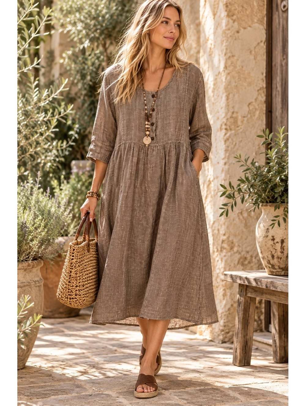 FLAX 100% Organic Linen Dress M Textured Earthy Boho Lagenlook Medium